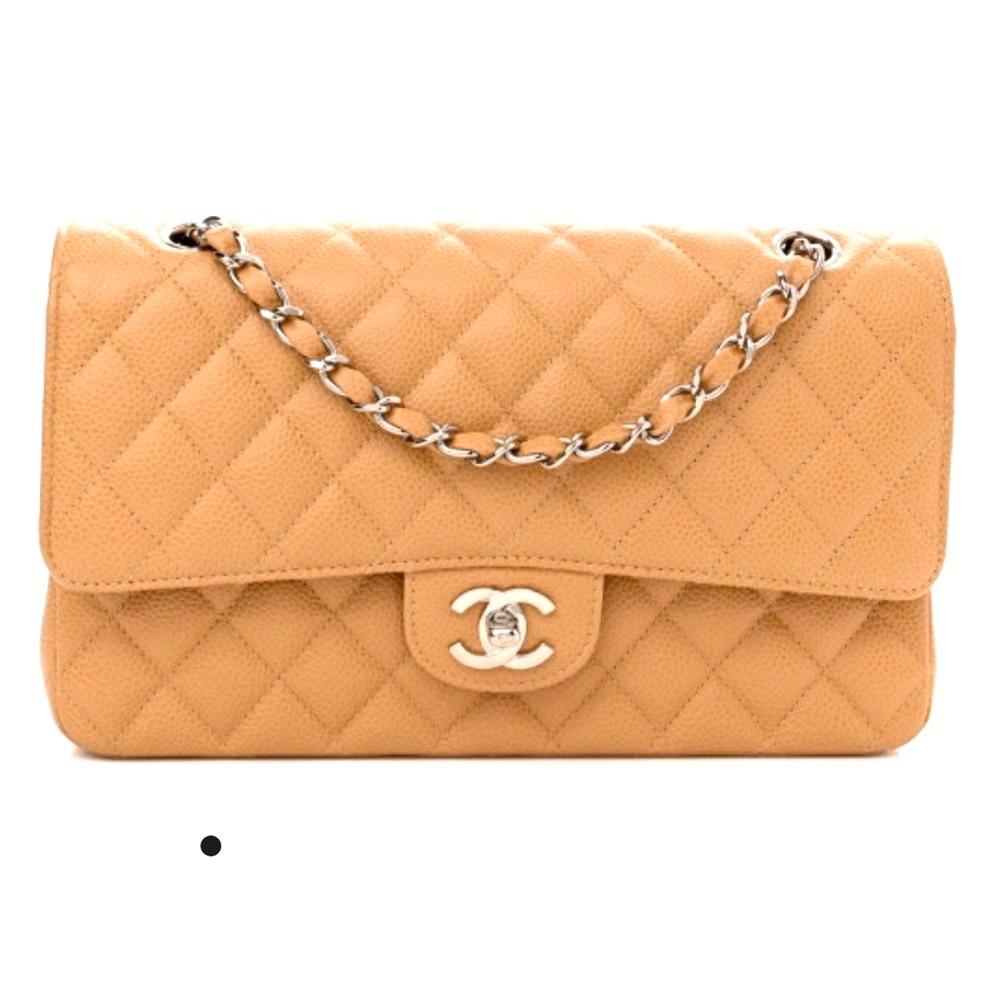 Chanel Classic Caviar Beige Caramel Medium Duble Flap Silver Chain Bag